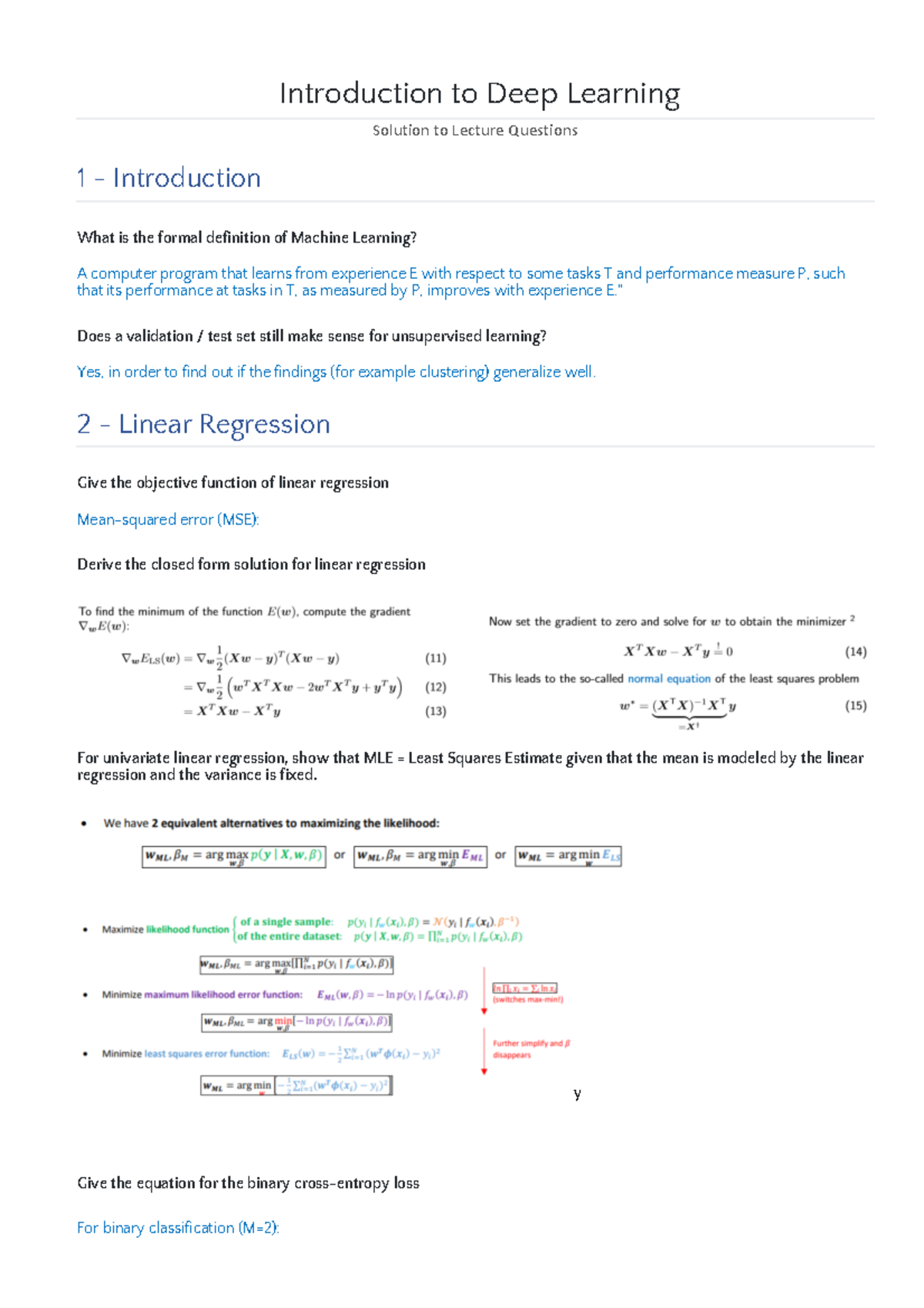 Notes - Zusammenfassung - Introduction to Deep Learning Solution to ...