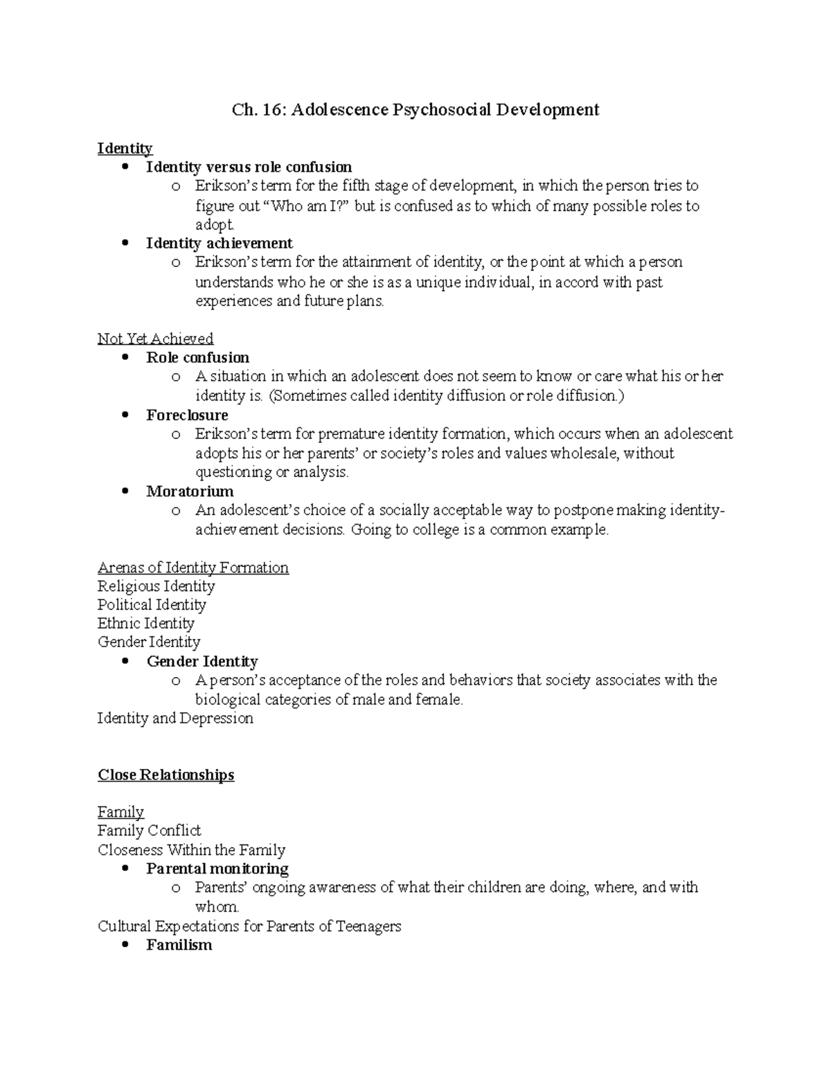 Ch. 16 Adolescence Psychosocial Notes - Ch. 16: Adolescence ...