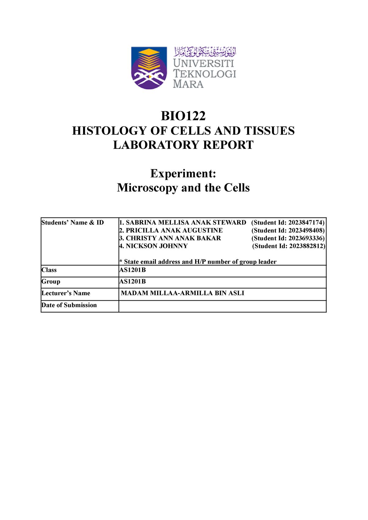 BIO122 LAB Report - Experiment 1 & 2 - BIO HISTOLOGY OF CELLS AND ...