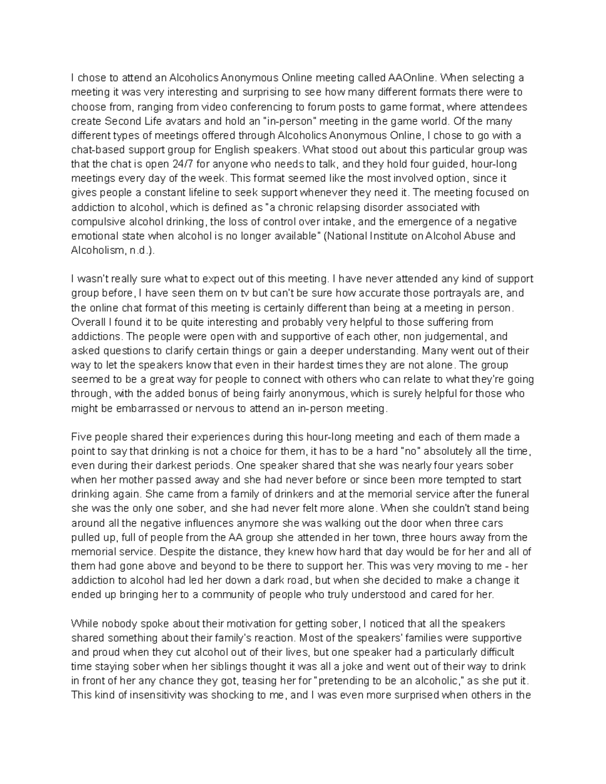 2-1 Discussion - Grade A - I chose to attend an Alcoholics Anonymous ...