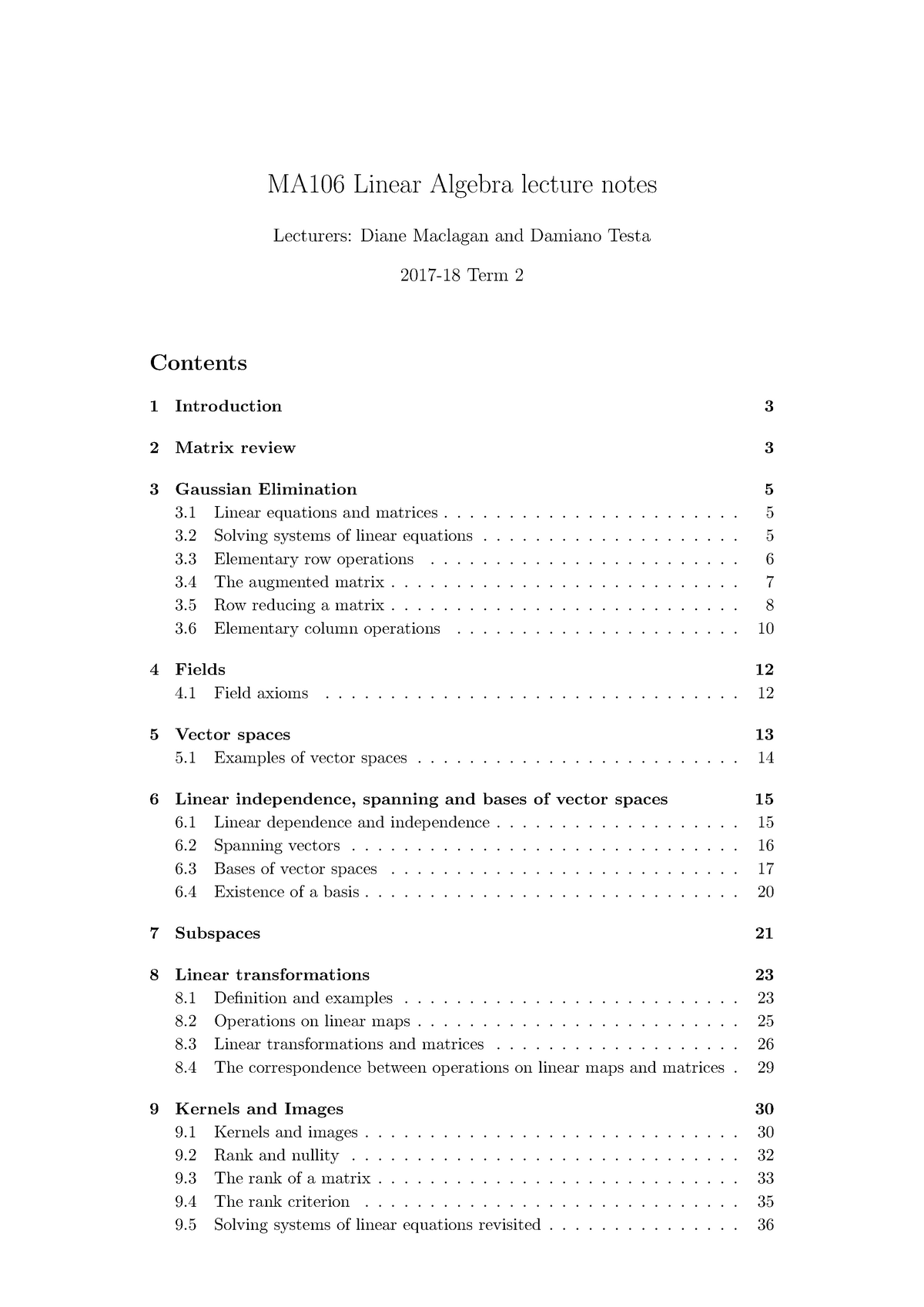 MA106Notes Maclagan Testa - MA106 Linear Algebra Lecture Notes - 2017 ...