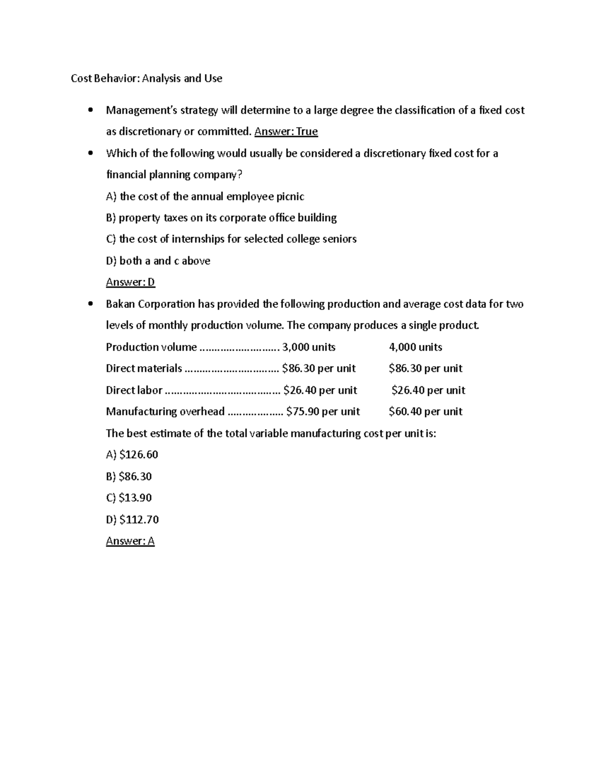 Cost Behavior 9 notes - Cost Behavior: Analysis and Use Management's ...