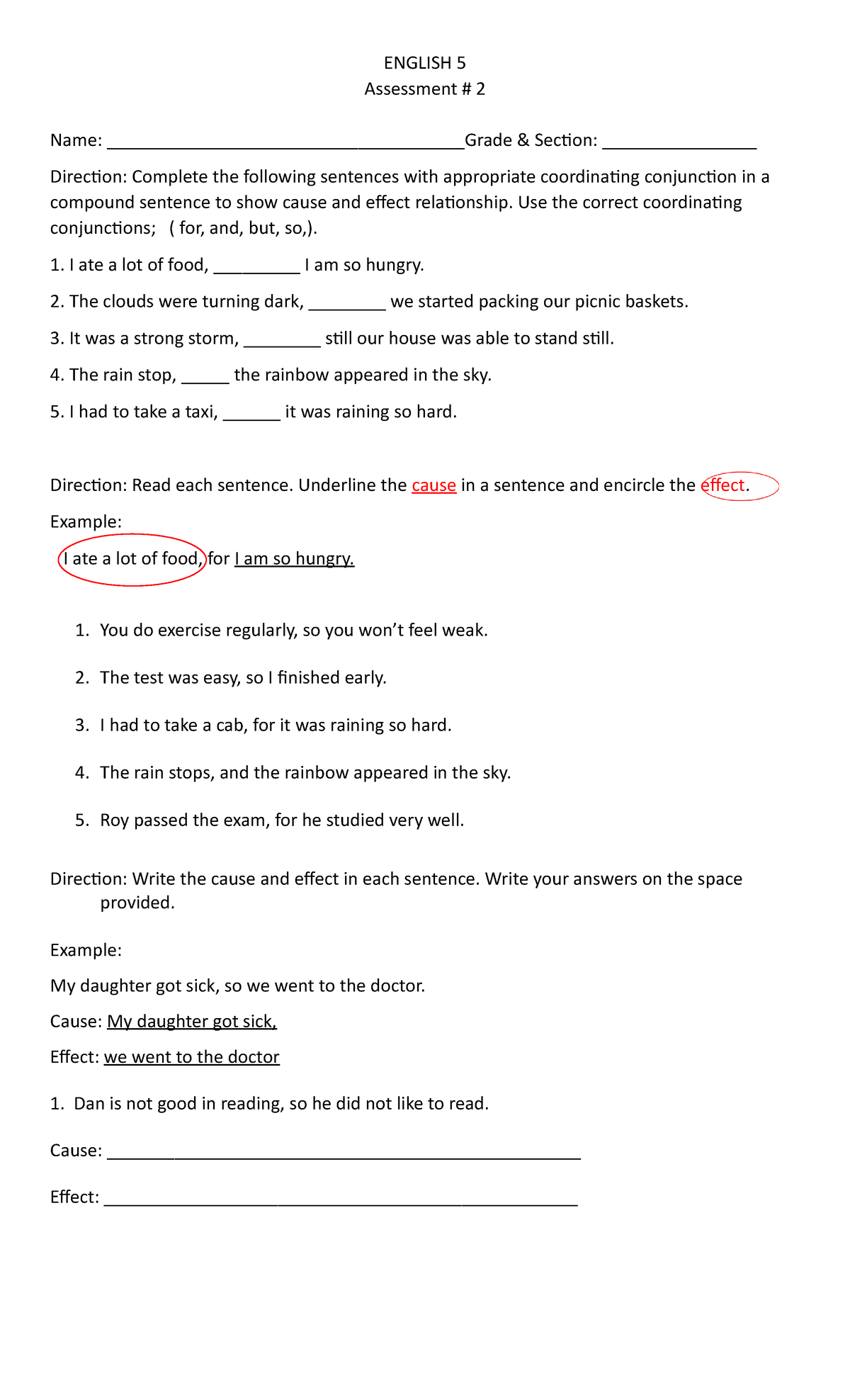 Eng. assessment #2 - ENGLISH - ENGLISH 5 Assessment # 2 Name: - Studocu