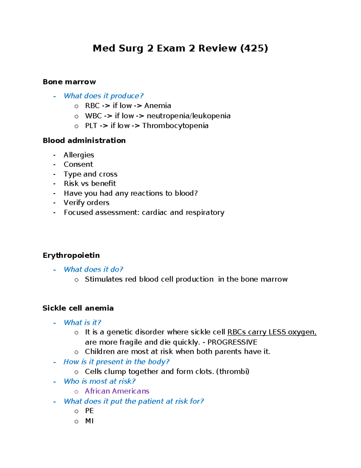 Med Surg 2 Exam 2 Review - Study guide - Med Surg 2 Exam 2 Review (425 ...