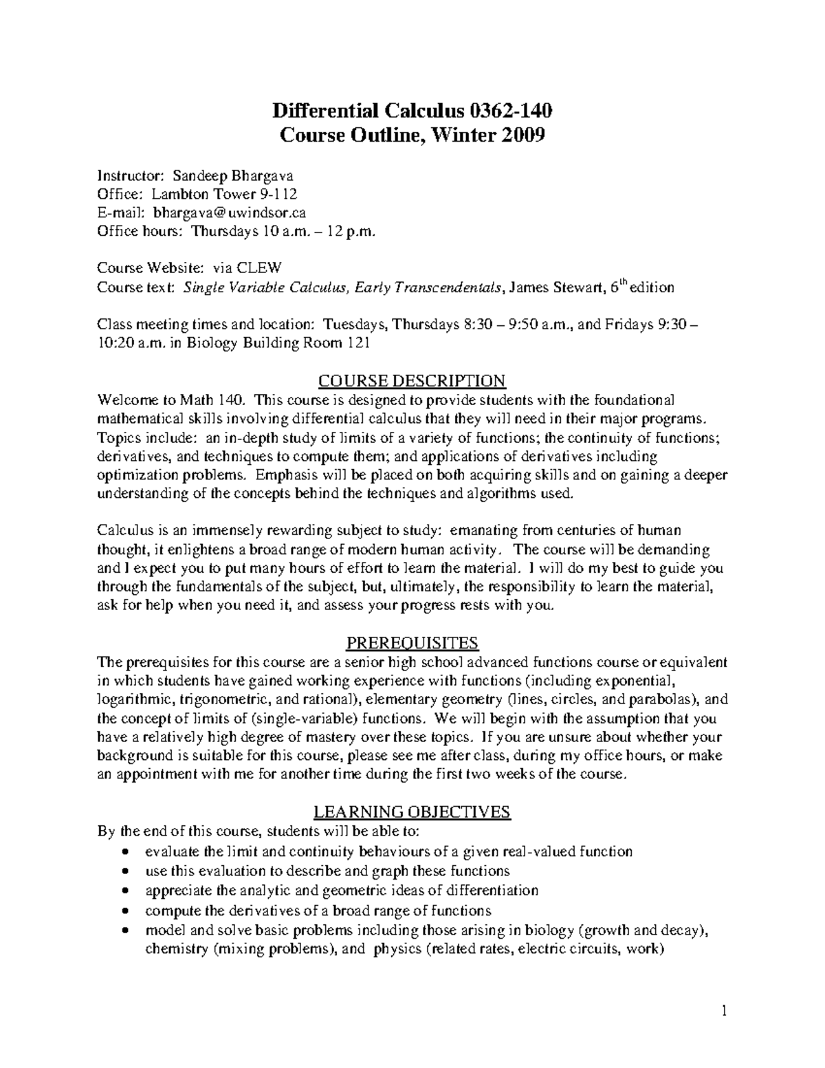 Course Outline 62140 Differential Calculus Course Outline, Winter