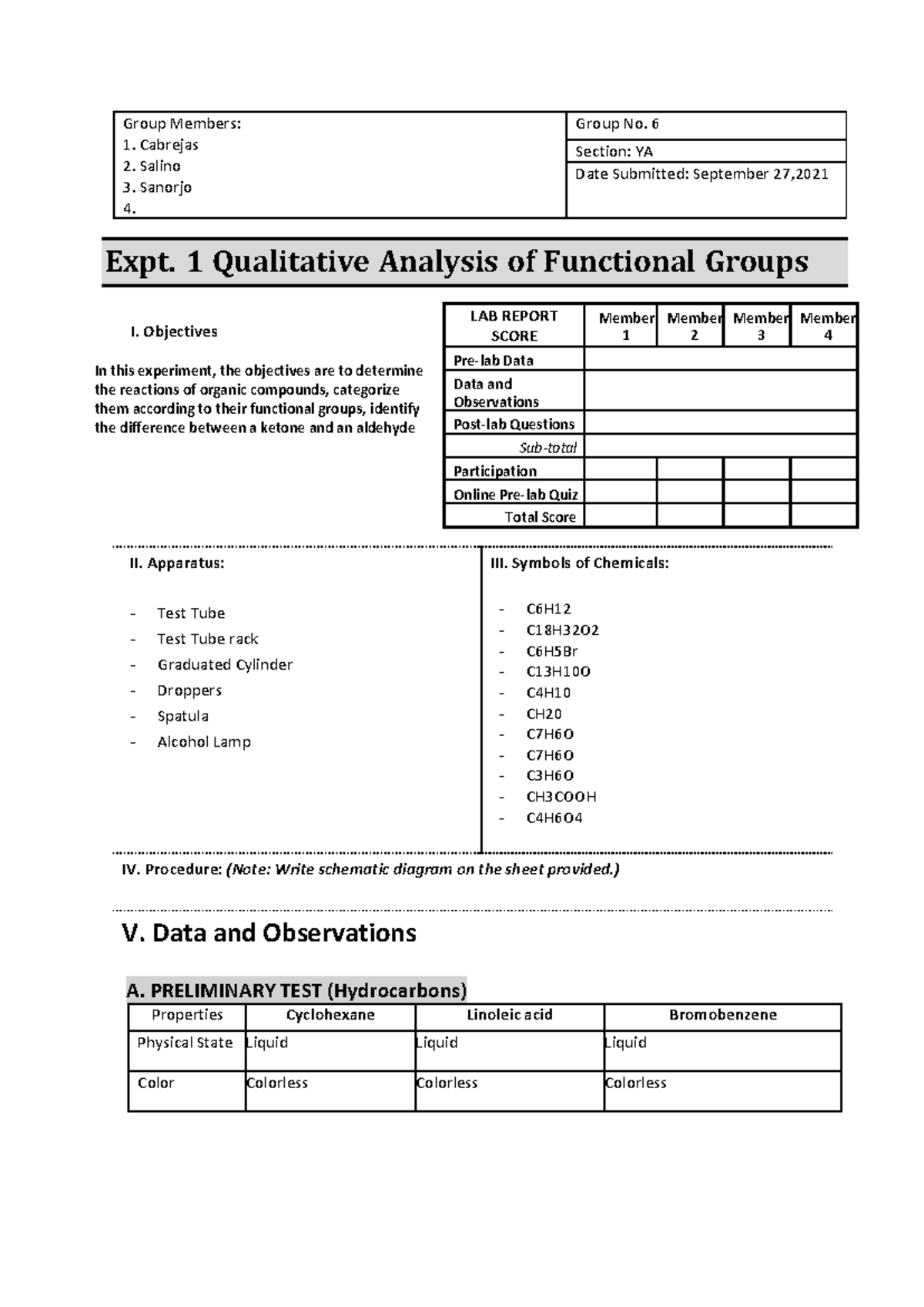 Experiment 1 Data Sheet (Recovered) - Group Members: 1. Cabrejas 2 ...