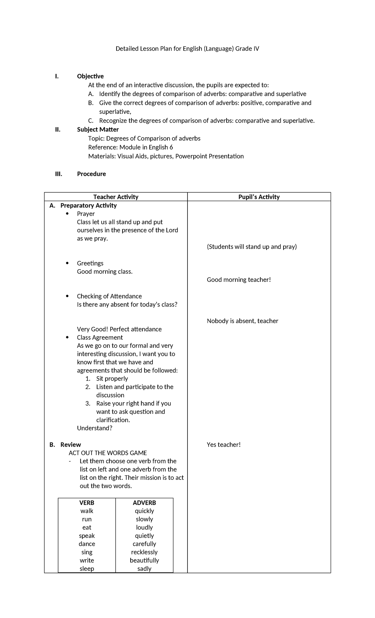 Detailed Lesson Plan for English - Objective At the end of an ...