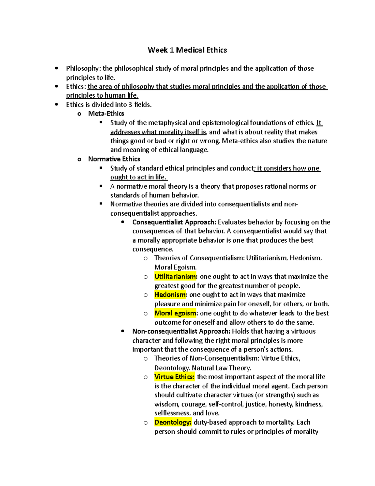 Week 1 Medical Ethics Notes - Week 1 Medical Ethics Philosophy: the ...