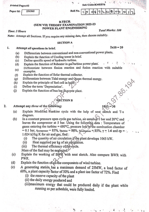 Power Plant Engineering question paper Studocu