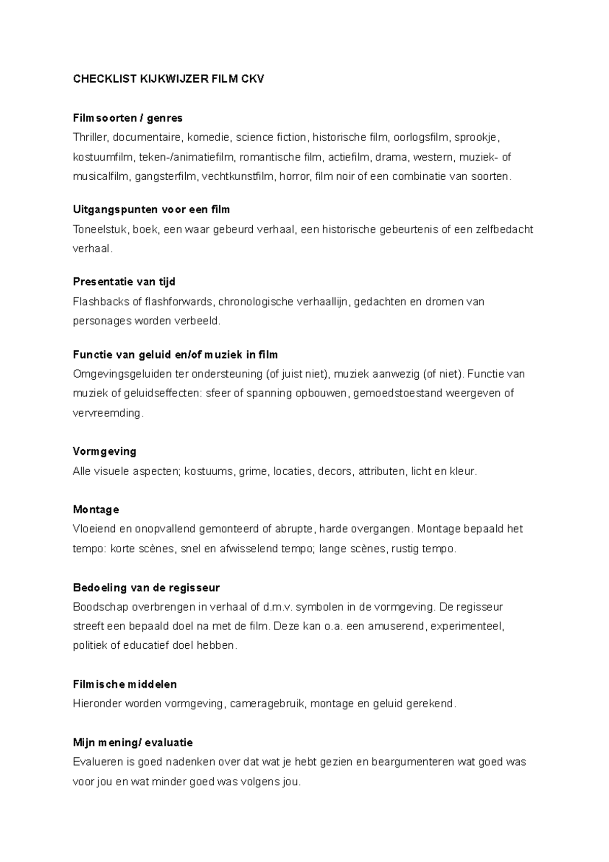 Kijkwijzer FILM CKV - CHECKLIST KIJKWIJZER FILM CKV Filmsoorten ...