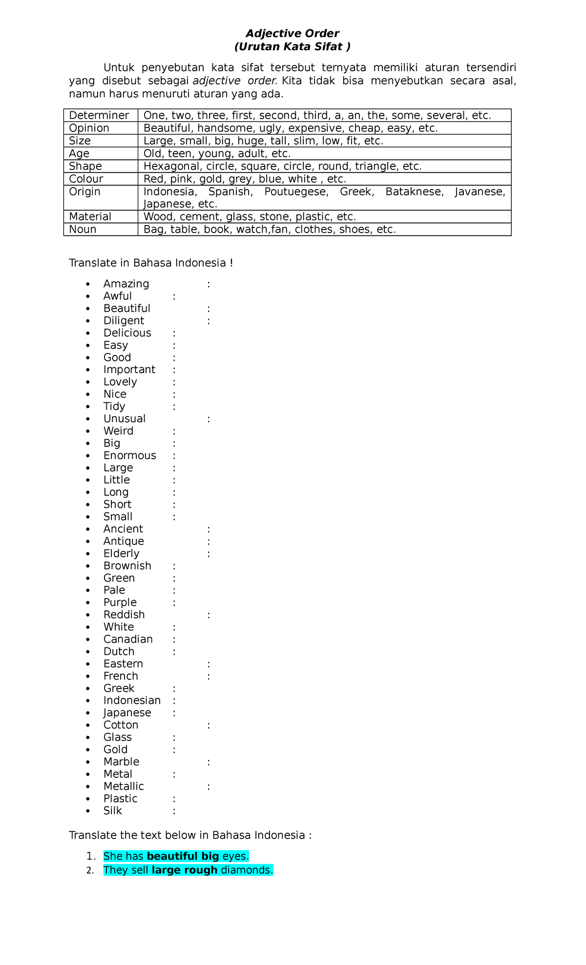 Contoh Adjective Order Urutan Kata Sifat Bahasa Inggr Vrogue Co