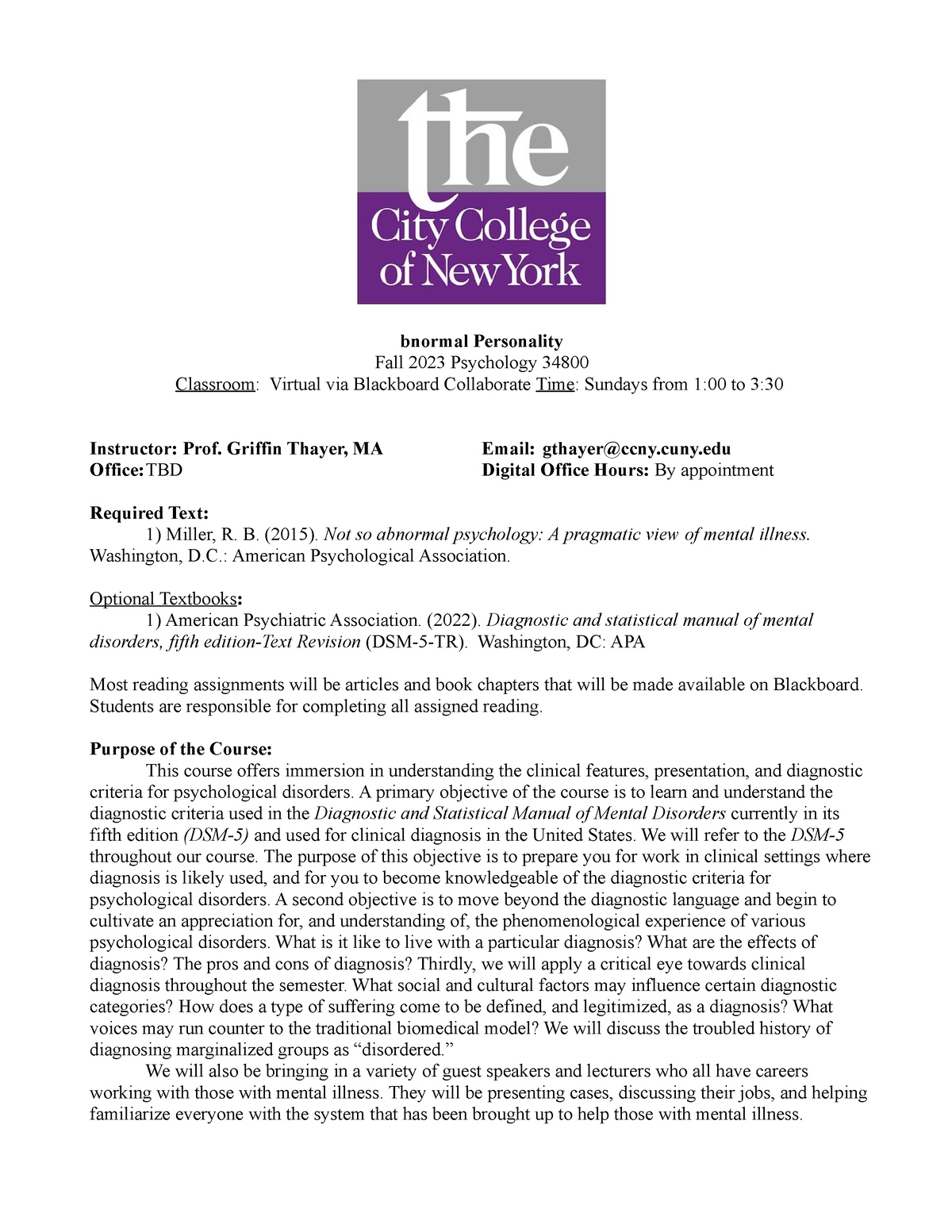 CCNY Undergrad Abnormal Syllabus Fall 2023(1) bnormal Personality