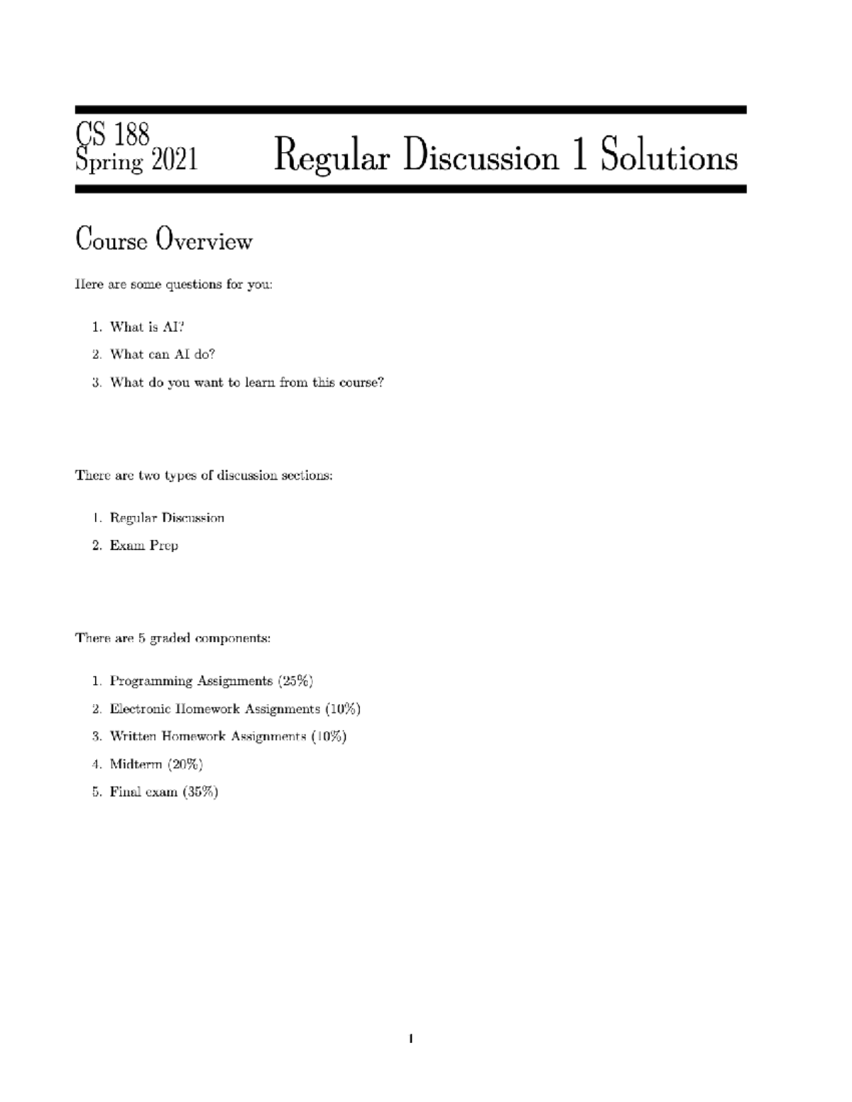 CS188 Section 01 Solution - CS 188 Spring 2021 Regular Discussion 1 ...