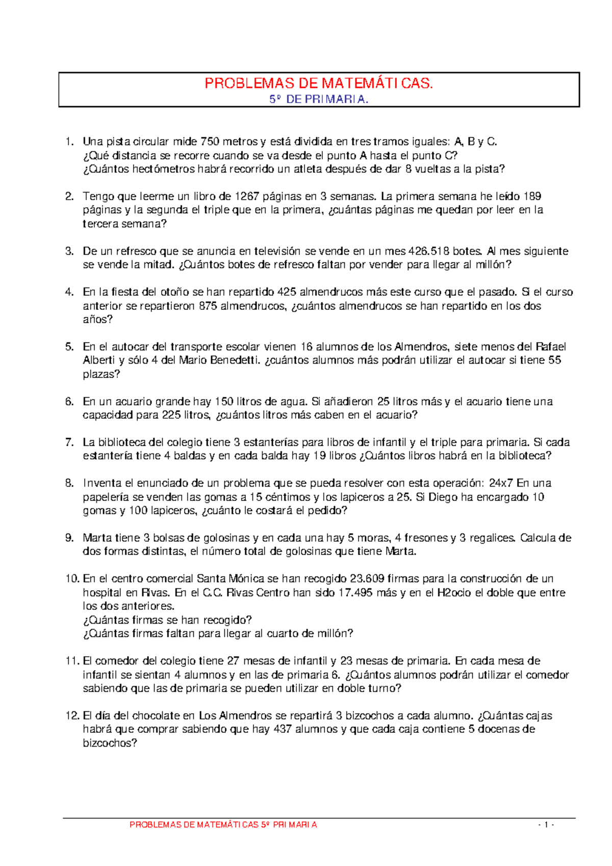 Recopilatorio 125 problemas para 5º de primaria PROBLEMAS DE