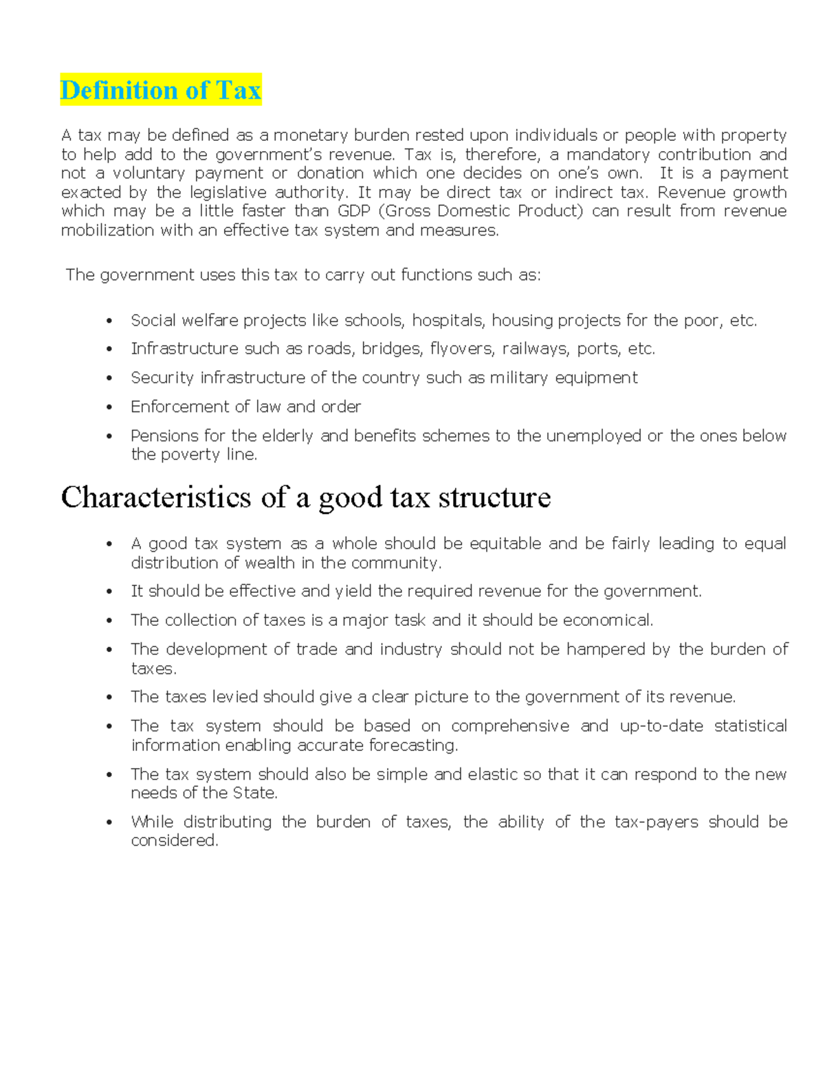 Tax Law notes - DEFINATION OF TAX - Definition of Tax A tax may be ...