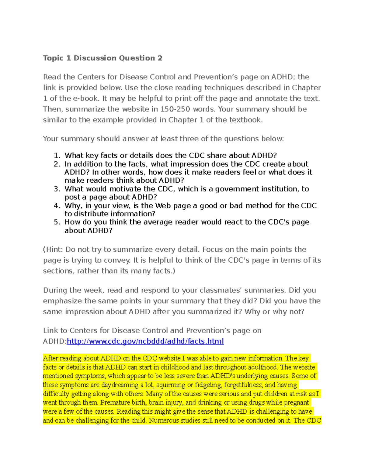 Topic 1 Discussion Question 2 Topic 1 Discussion Question 2 Read the Centers for Disease