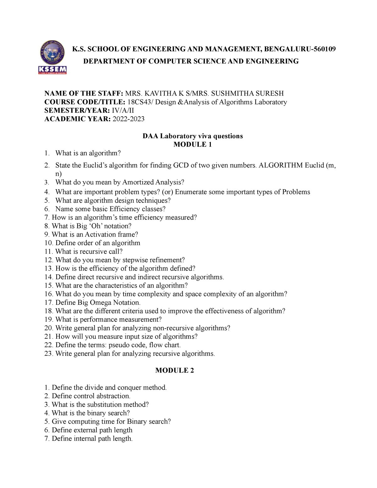 DAA Viva Questions - K. SCHOOL OF ENGINEERING AND MANAGEMENT, BENGALURU ...