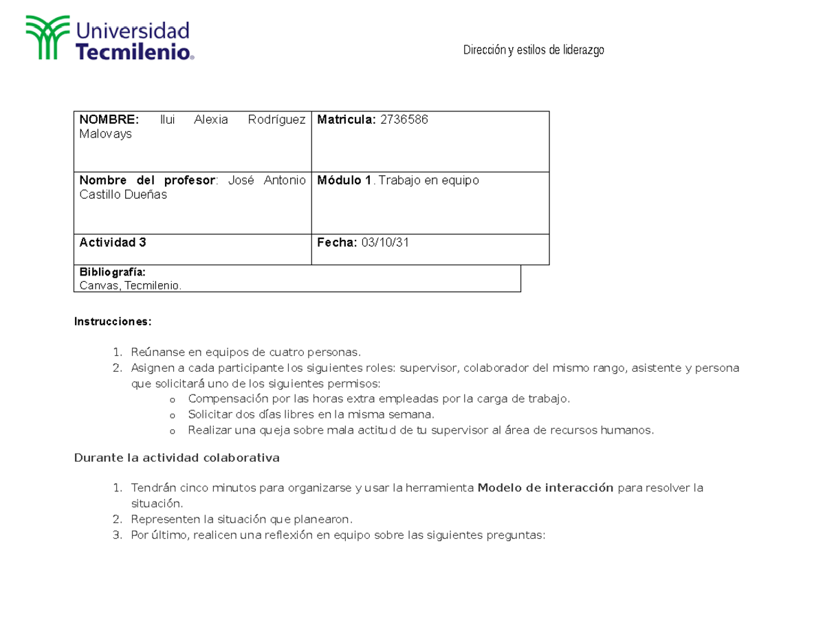 Actividad 3 - ACT 3 - NOMBRE: Ilui Alexia Rodríguez Malovays Matricula ...