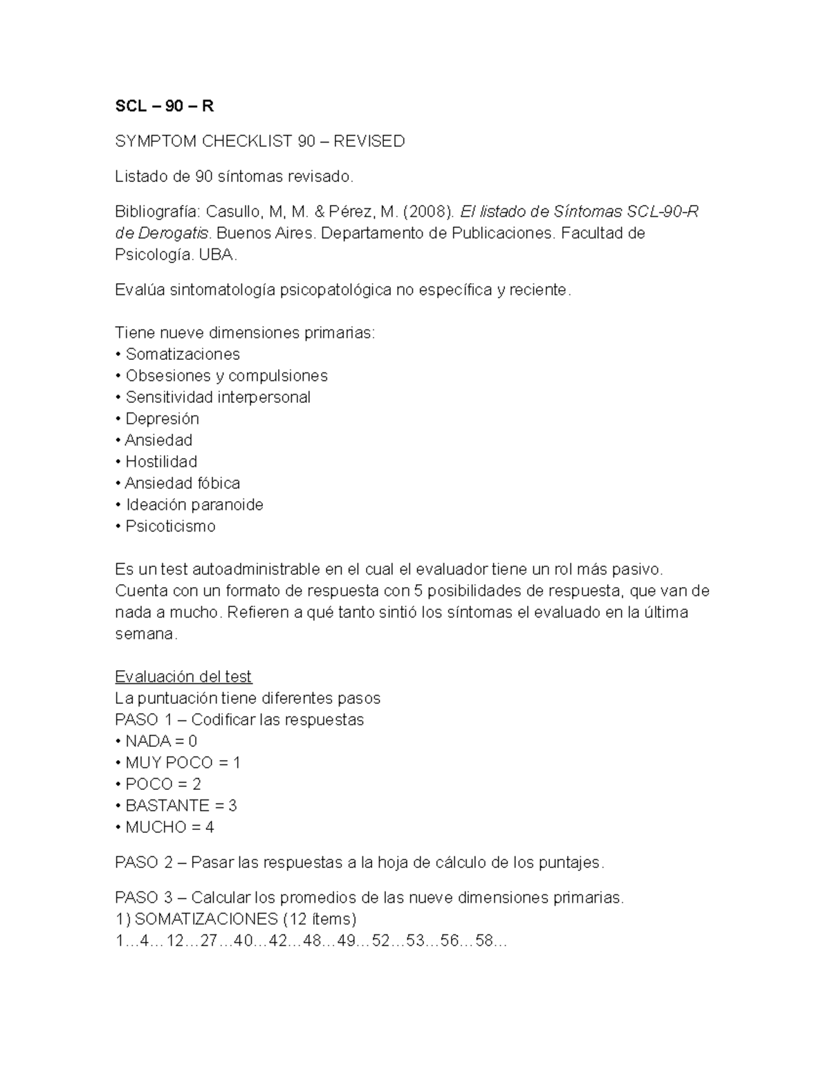 tecnica SCL resumen SCL 90 R SYMPTOM CHECKLIST 90 REVISED Listado de 90 síntomas tecnica SCL resumen SCL 90 R SYMPTOM CHECKLIST 90 REVISED Listado de 90 síntomas