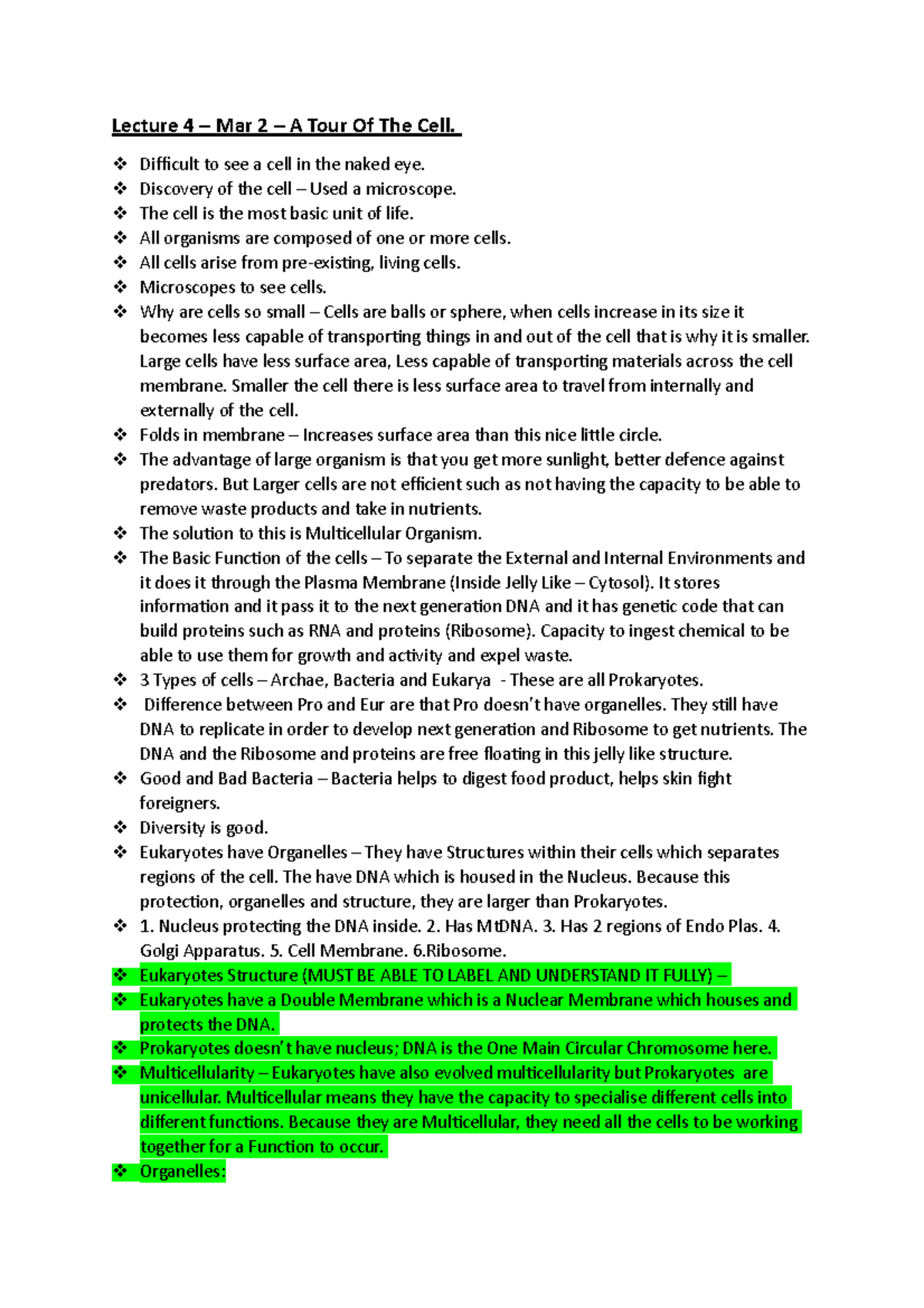 Lecture Notes From Lecture 4 - Lecture 4 – Mar 2 – A Tour Of The Cell ...