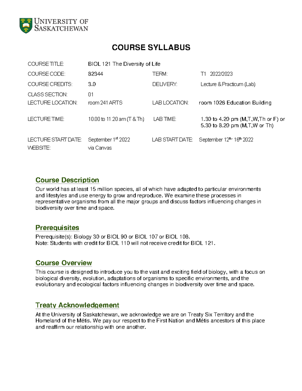 BIOL 121 Syllabus - COURSE SYLLABUS COURSE TITLE: BIOL 121 The ...