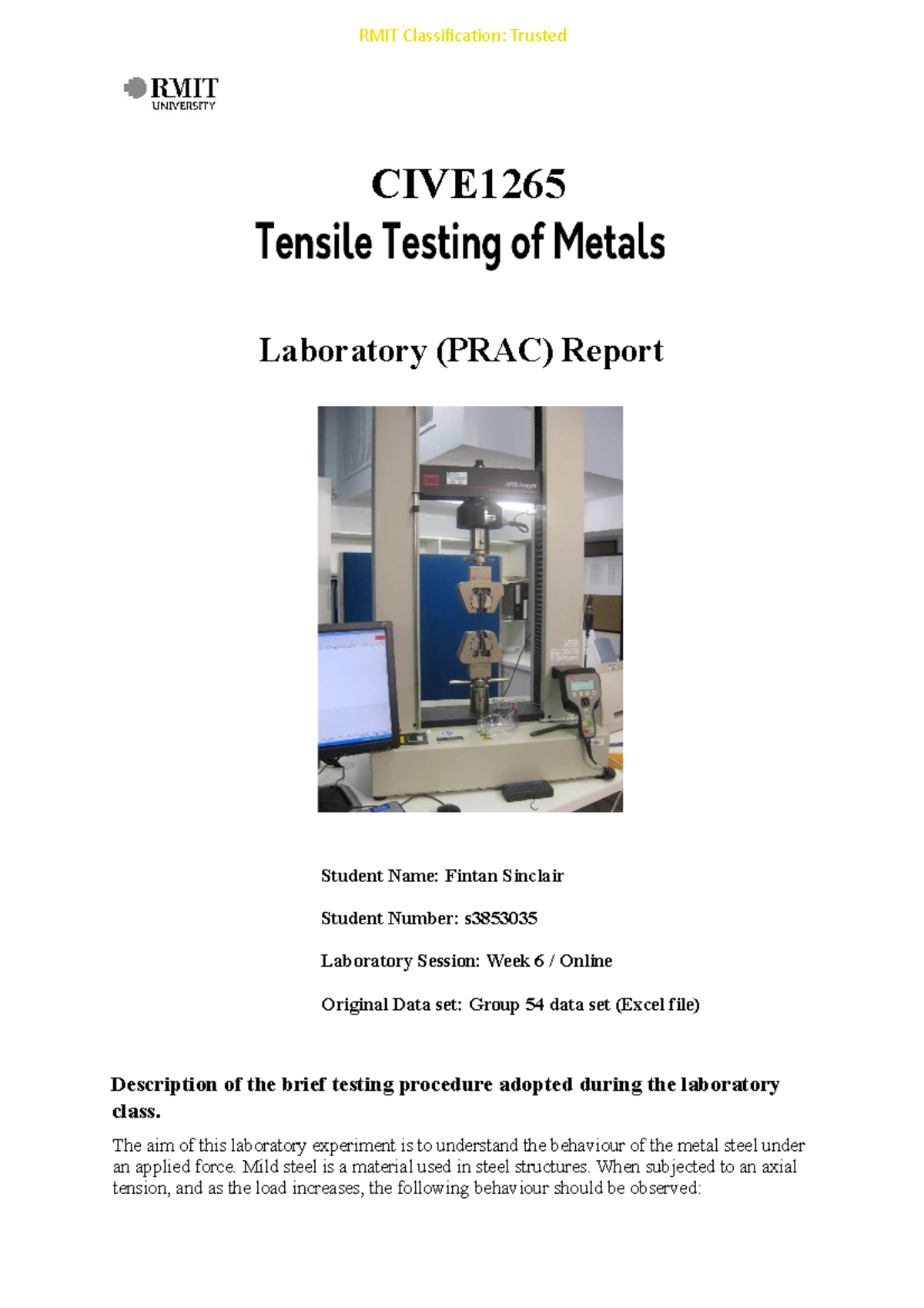 CIVE 1265 - Sample Laboratory (PRAC) Report - Description of the brief ...