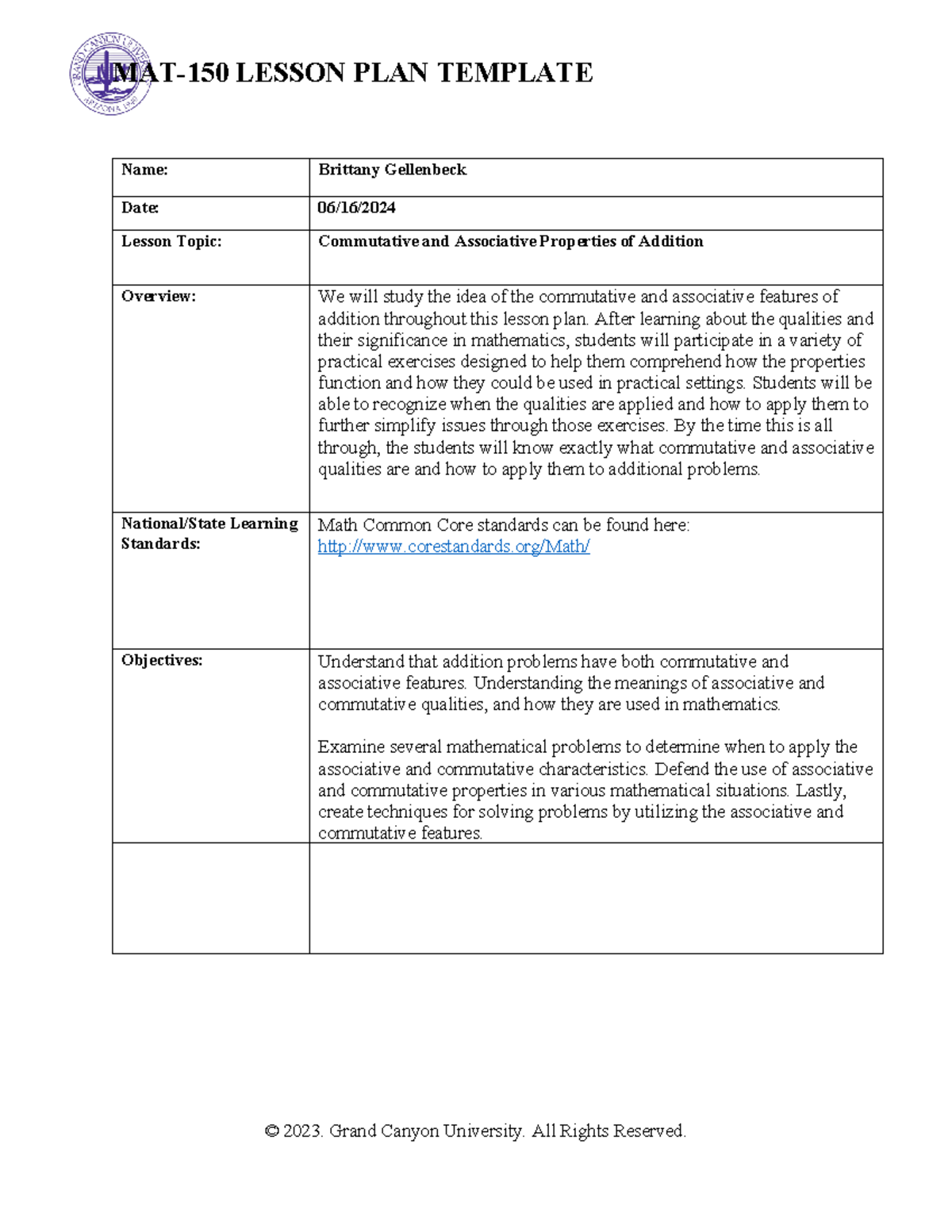 MAT-150 Lesson Plan Template - Name: Brittany Gellenbeck Date: 06/16 ...