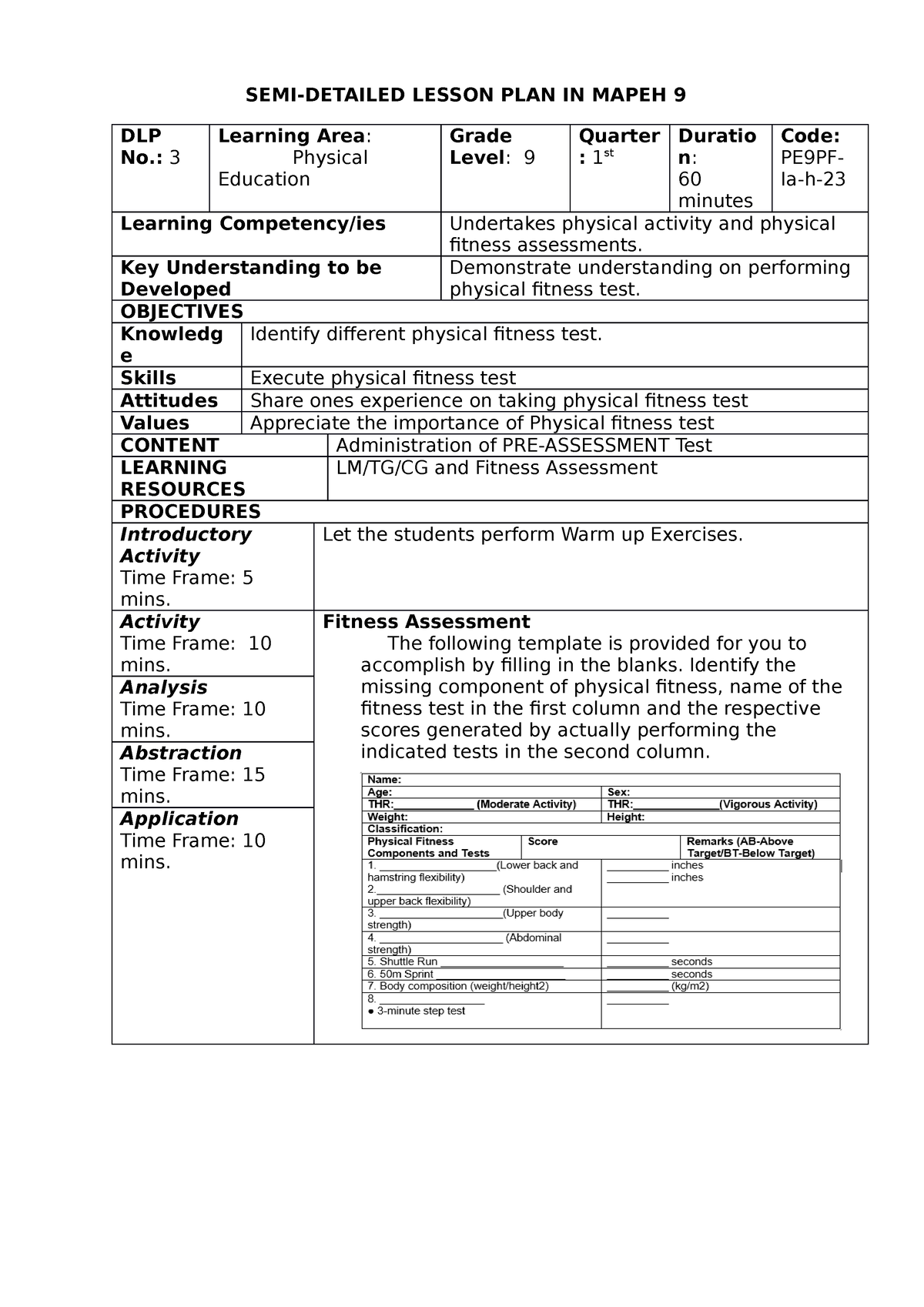 Pe9 Q1 Lp3 Melcs Aaaa Semi Detailed Lesson Plan In Mapeh 9 Dlp No 3 Learning Area