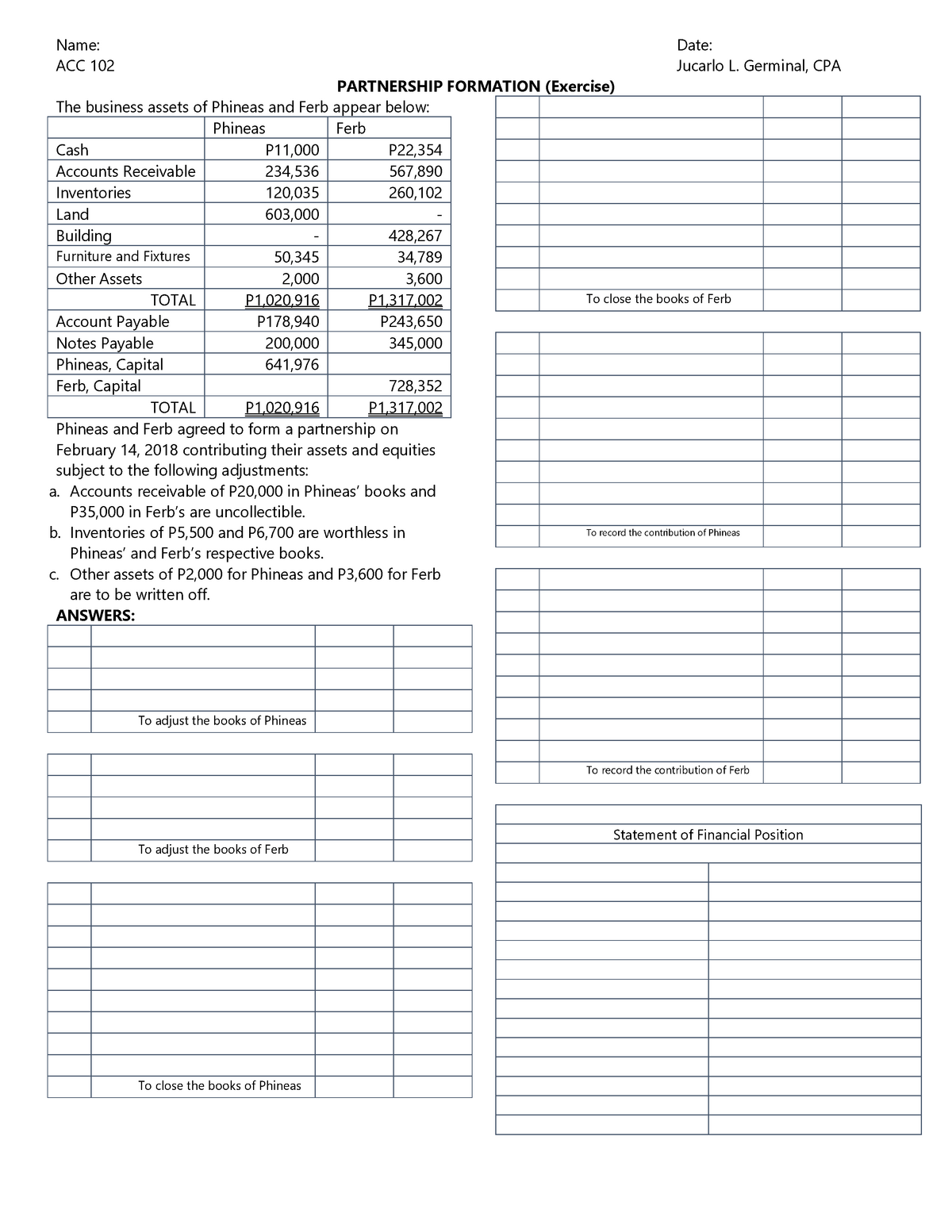 ACC 102 Partnership Formation Exercise - Name: Date: ACC 102 Jucarlo L ...