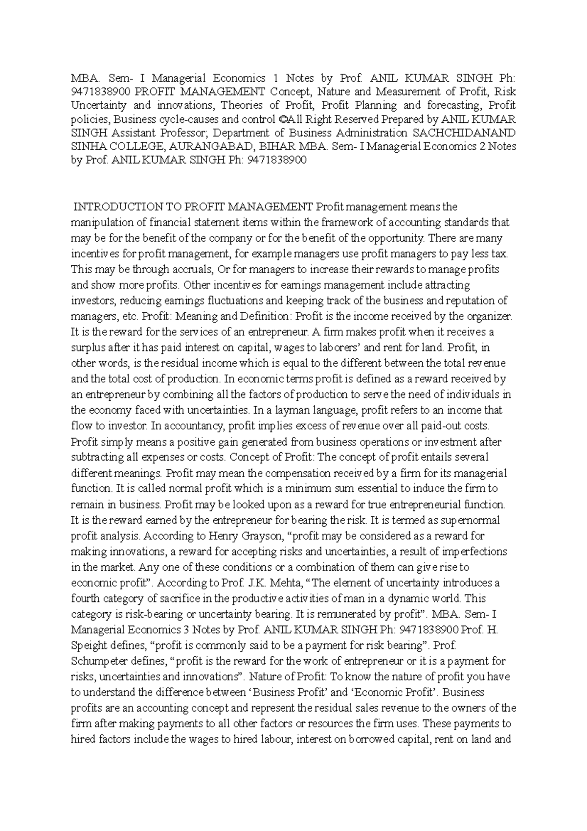 Profit Management - MBA. Sem- I Managerial Economics 1 Notes by Prof ...