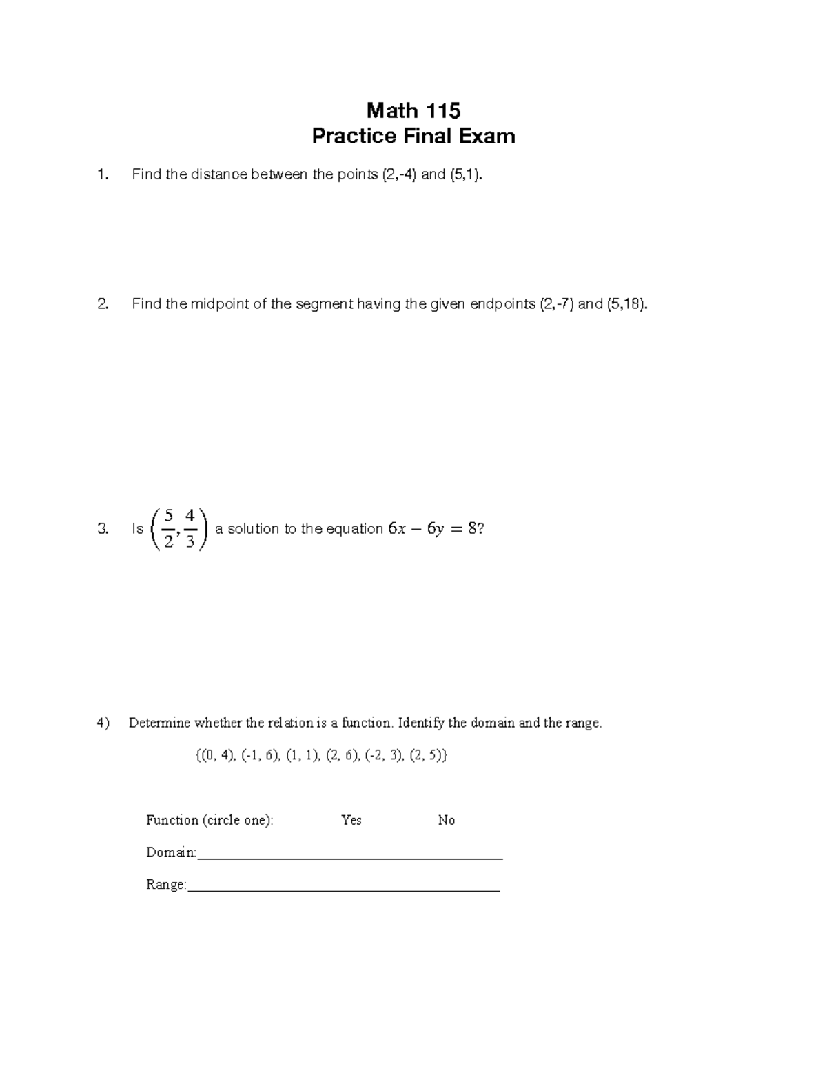 Canvas Student - Math 115 Practice Final Exam 1. Find the distance ...