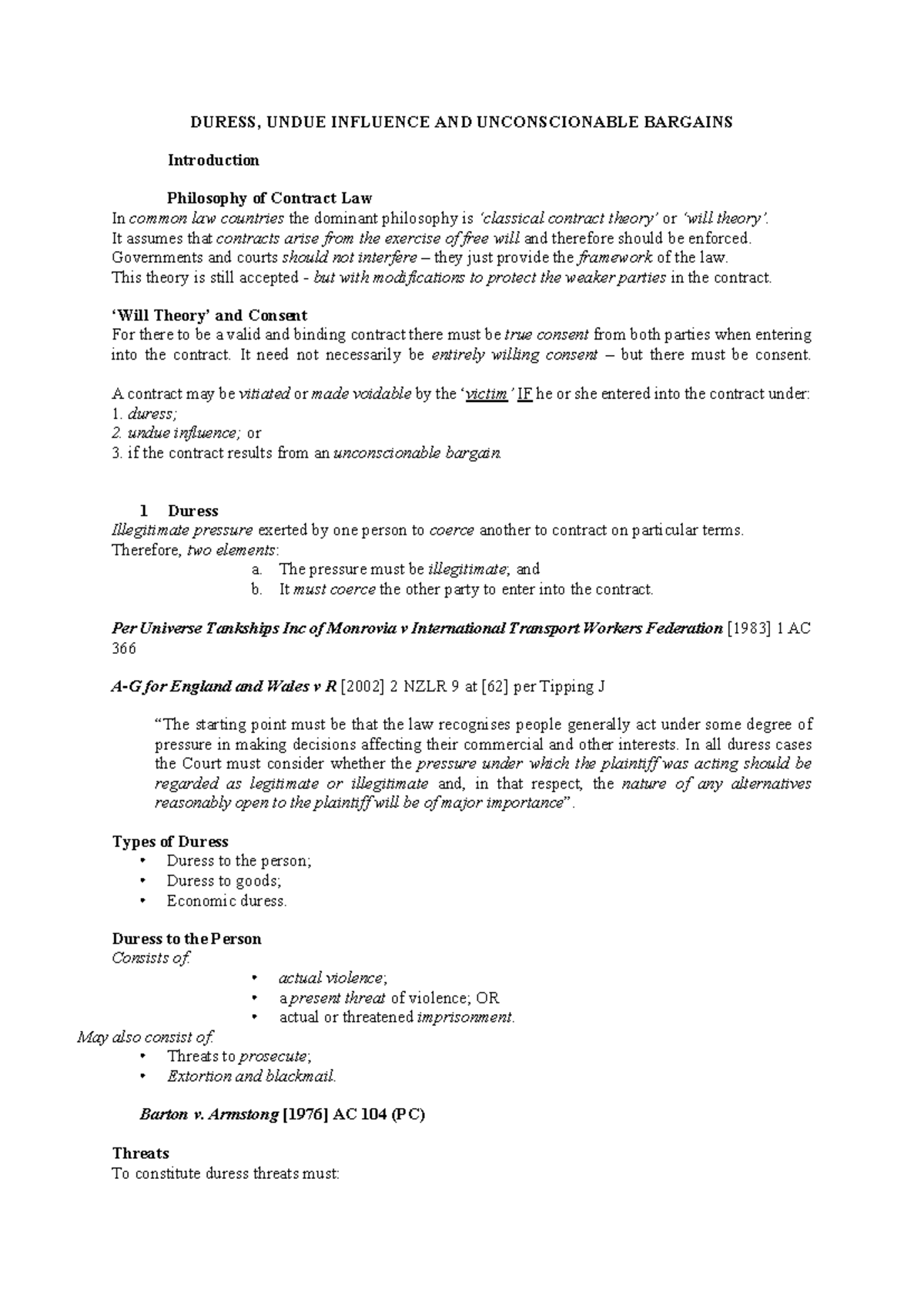 Contract outline - DURESS, UNDUE INFLUENCE AND UNCONSCIONABLE BARGAINS ...