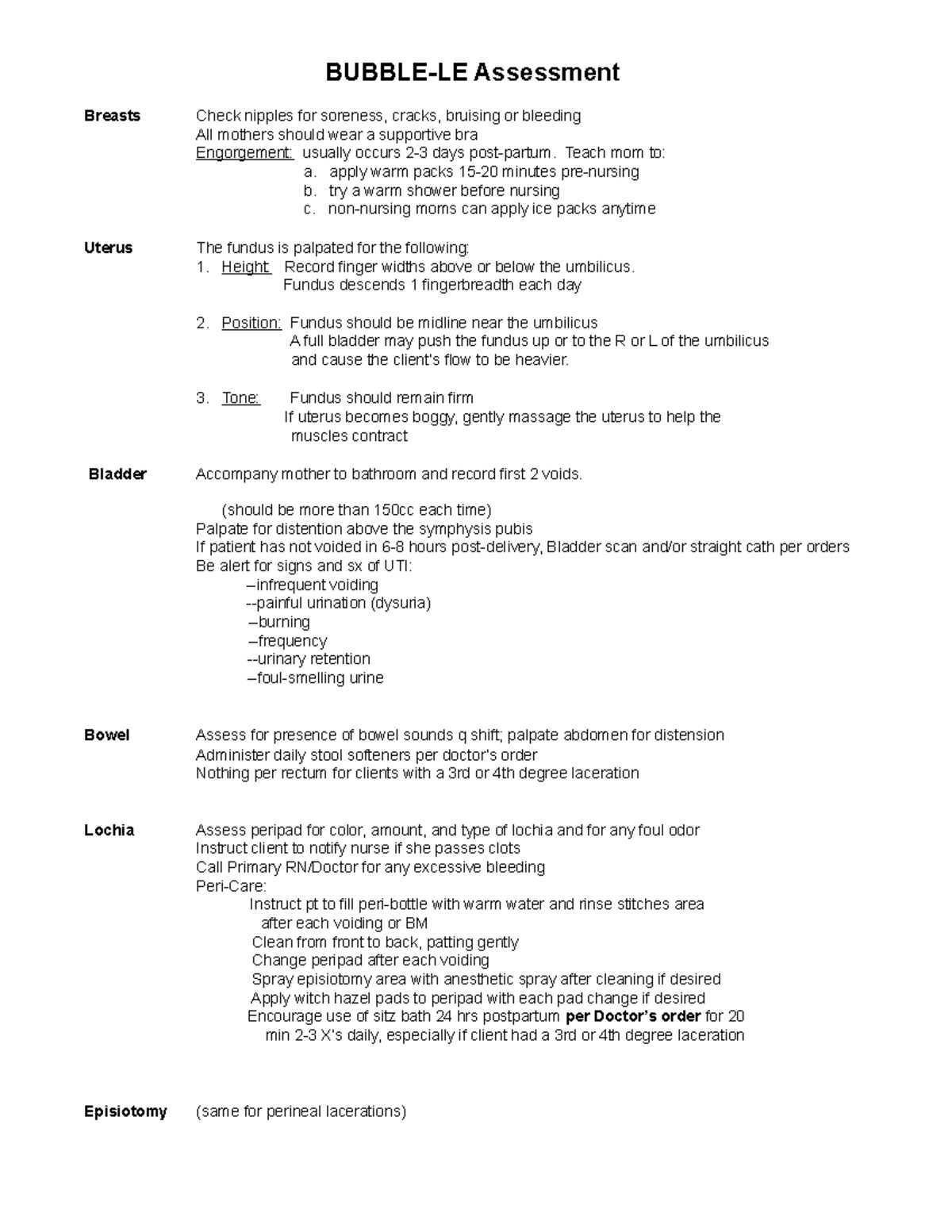 Bubble LE assessment(1) - BUBBLE-LE Assessment Breasts Check nipples ...