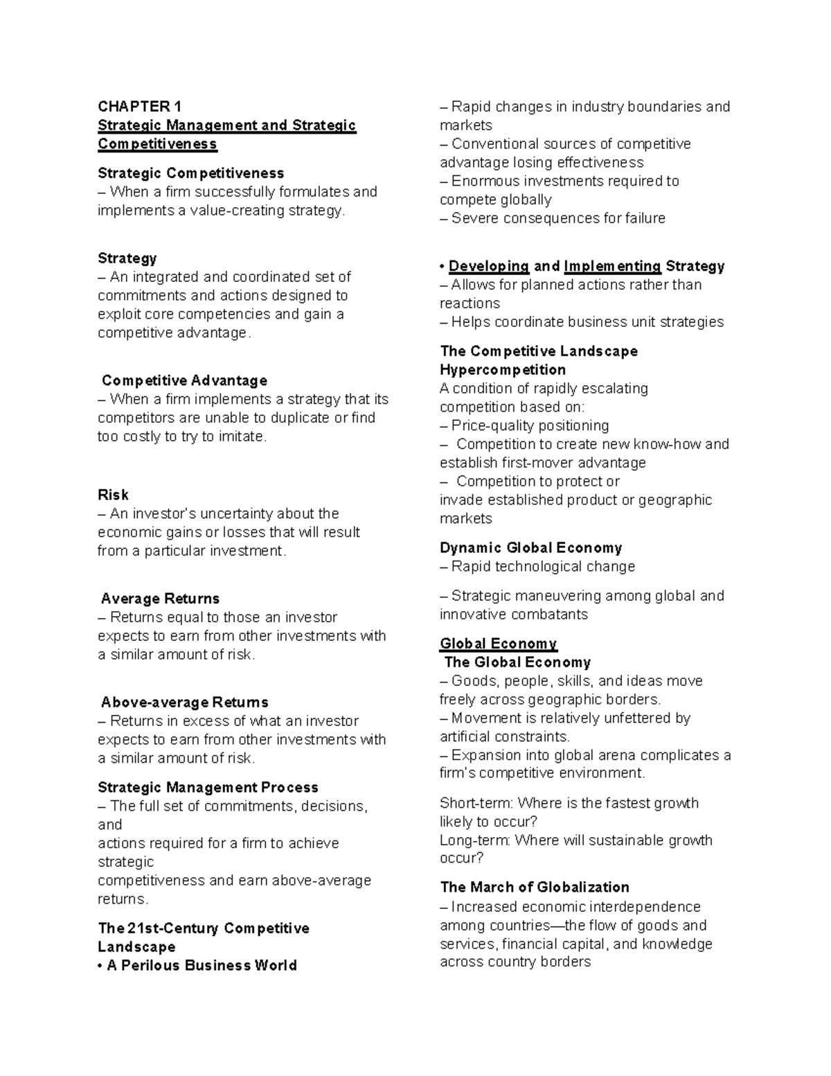 Chapter 1&2 Stratbus Reviewer - CHAPTER 1 Strategic Management and ...