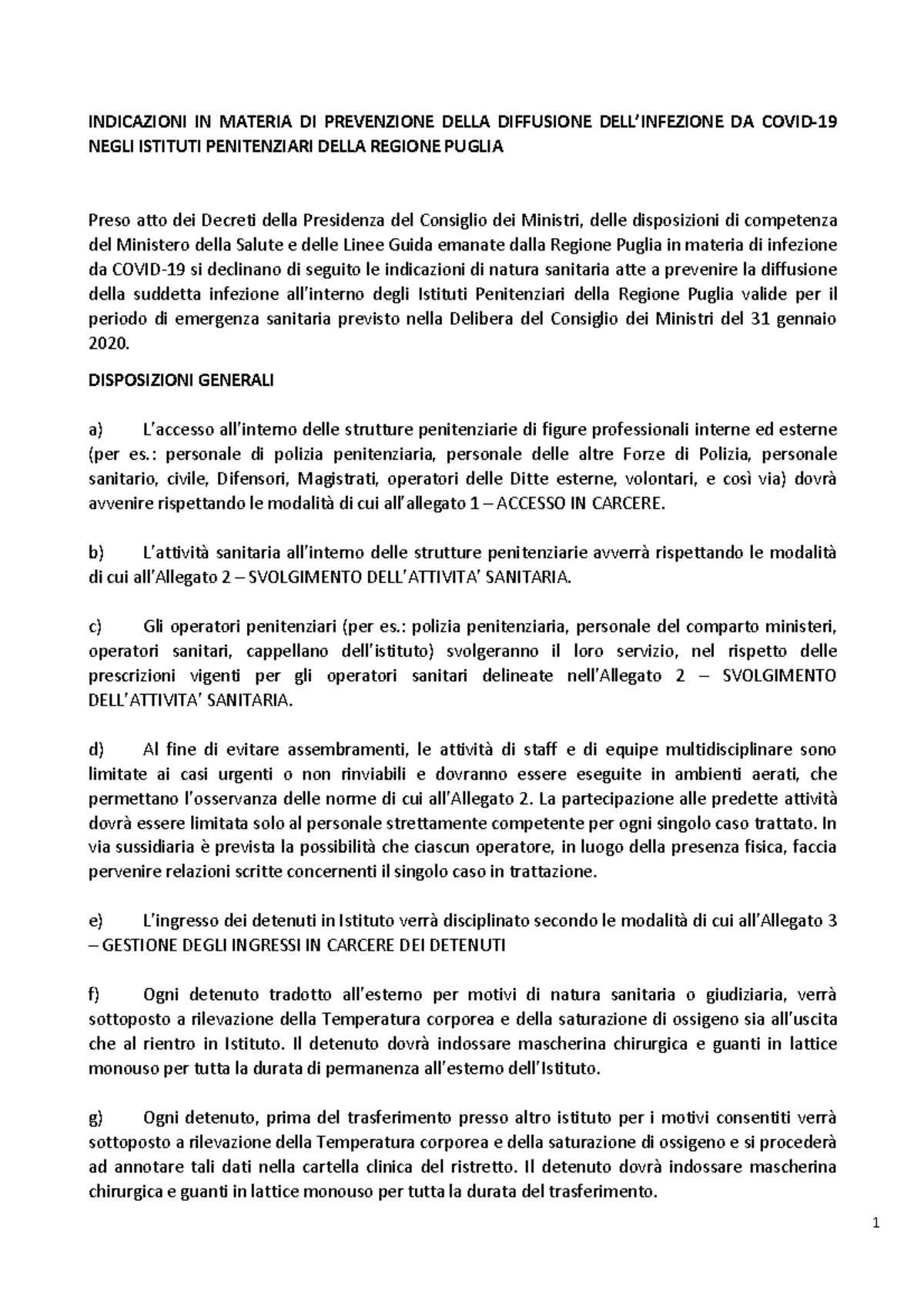 Linee guida istituti penitenziari Puglia - INDICAZIONI IN MATERIA DI ...