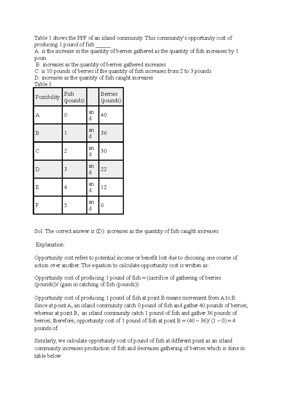 Calculation of opportunity cost of producing 1 pound of fish - Table 1 ...