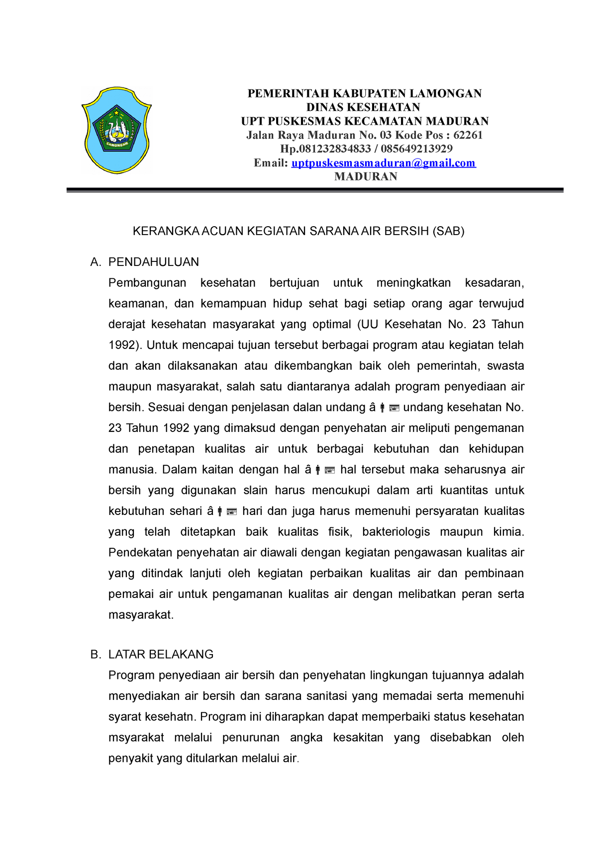 Kerangka Acuan Kegiatan Sarana Air Bersih Pemerintah Kabupaten Lamongan Dinas Kesehatan Upt 