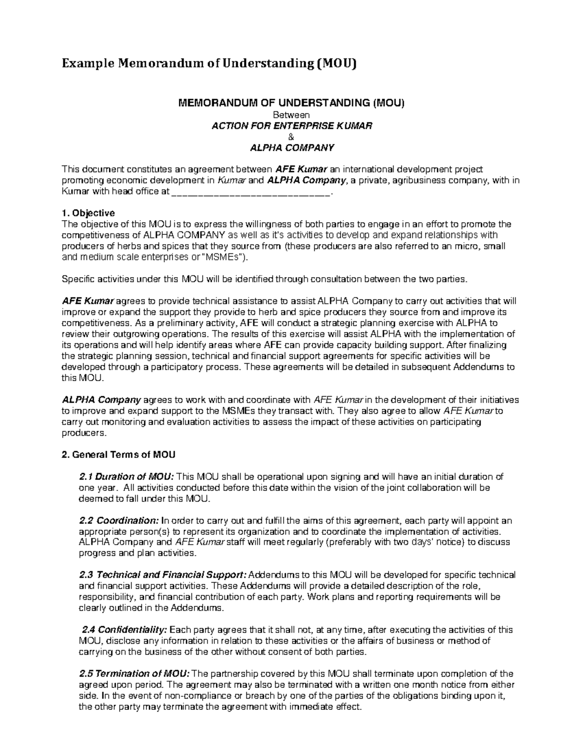 Memorandum-of-understanding - Example Memorandum of Understanding (MOU ...