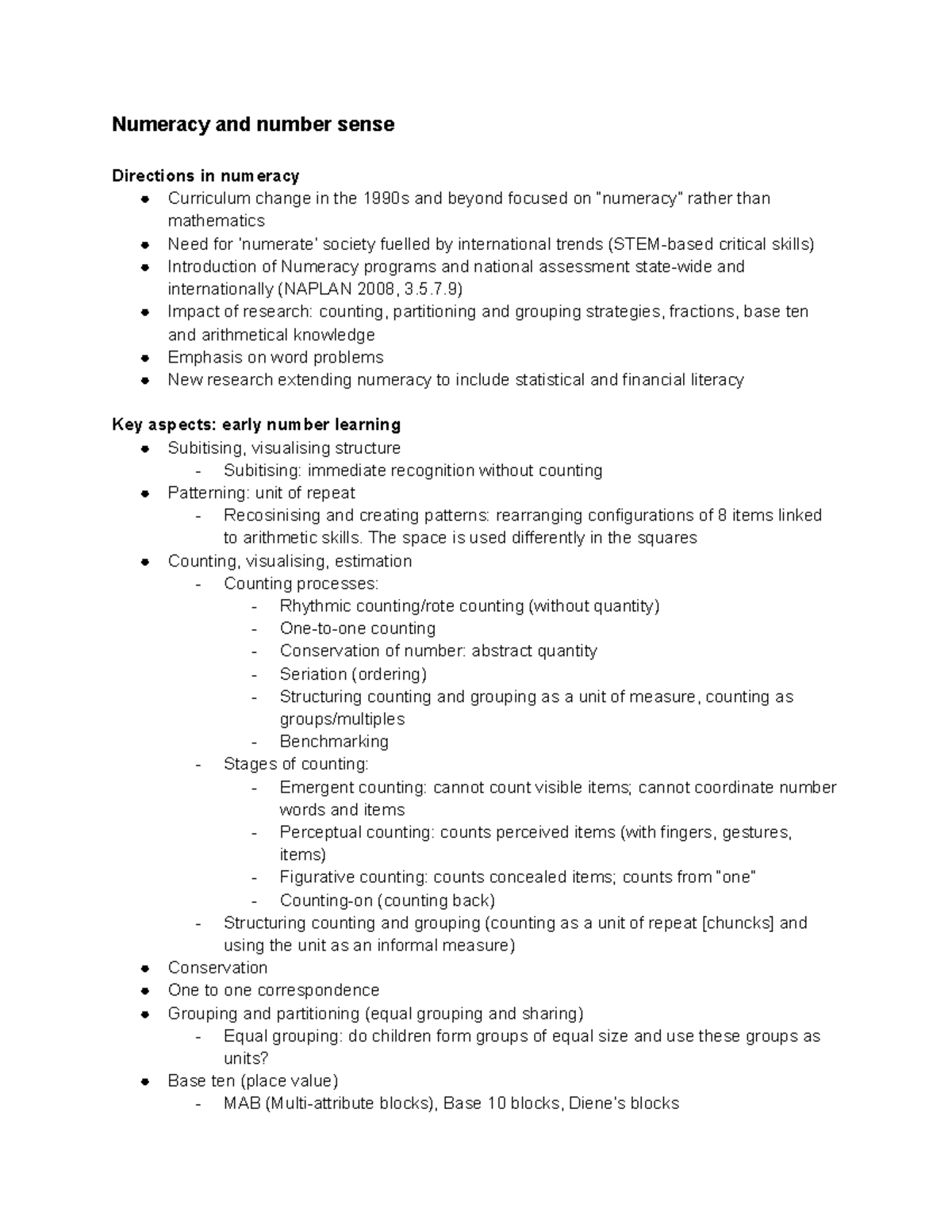 2580 - 2580 notes - Numeracy and number sense Directions in numeracy ...