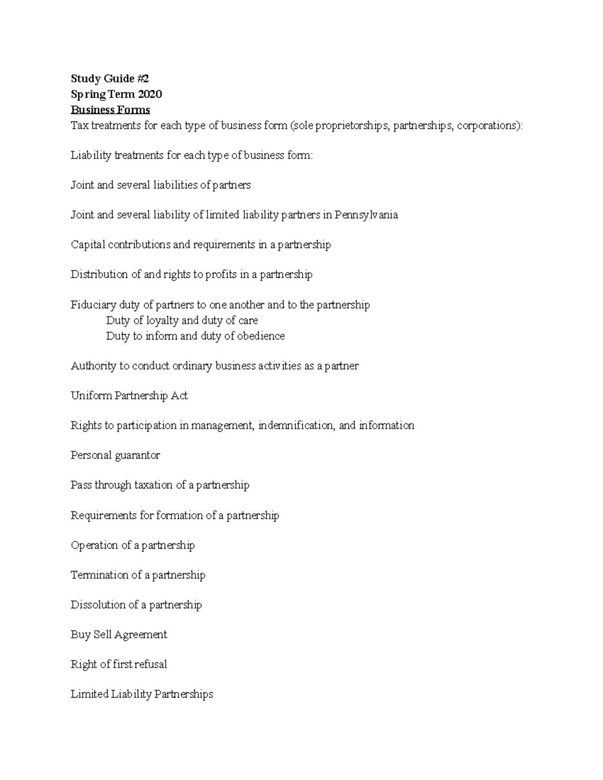 Buslaw EXAM 2 Study Guide - Study Guide # Spring Term 2020 Business ...
