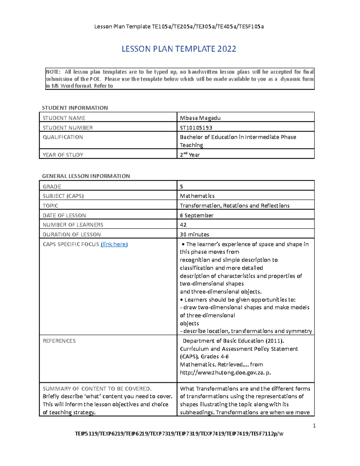 Mathematics Lesson Plan [5 September] - LESSON PLAN TEMPLATE 2022 NOTE ...