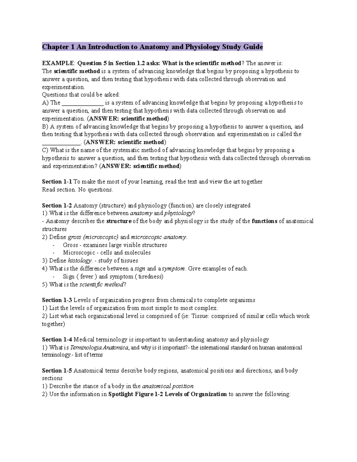 Anatomy and Physiology I Chapter 1 An Introduction to Anatomy and
