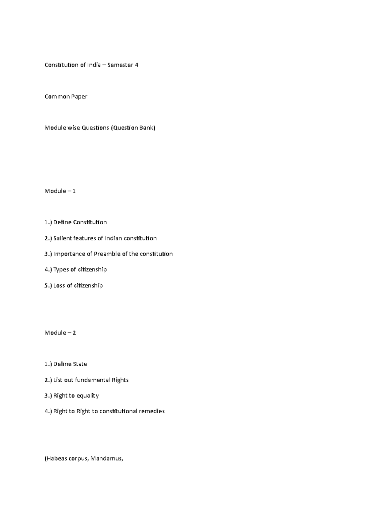 Question bank ci - Constitution of India – Semester 4 Common Paper ...