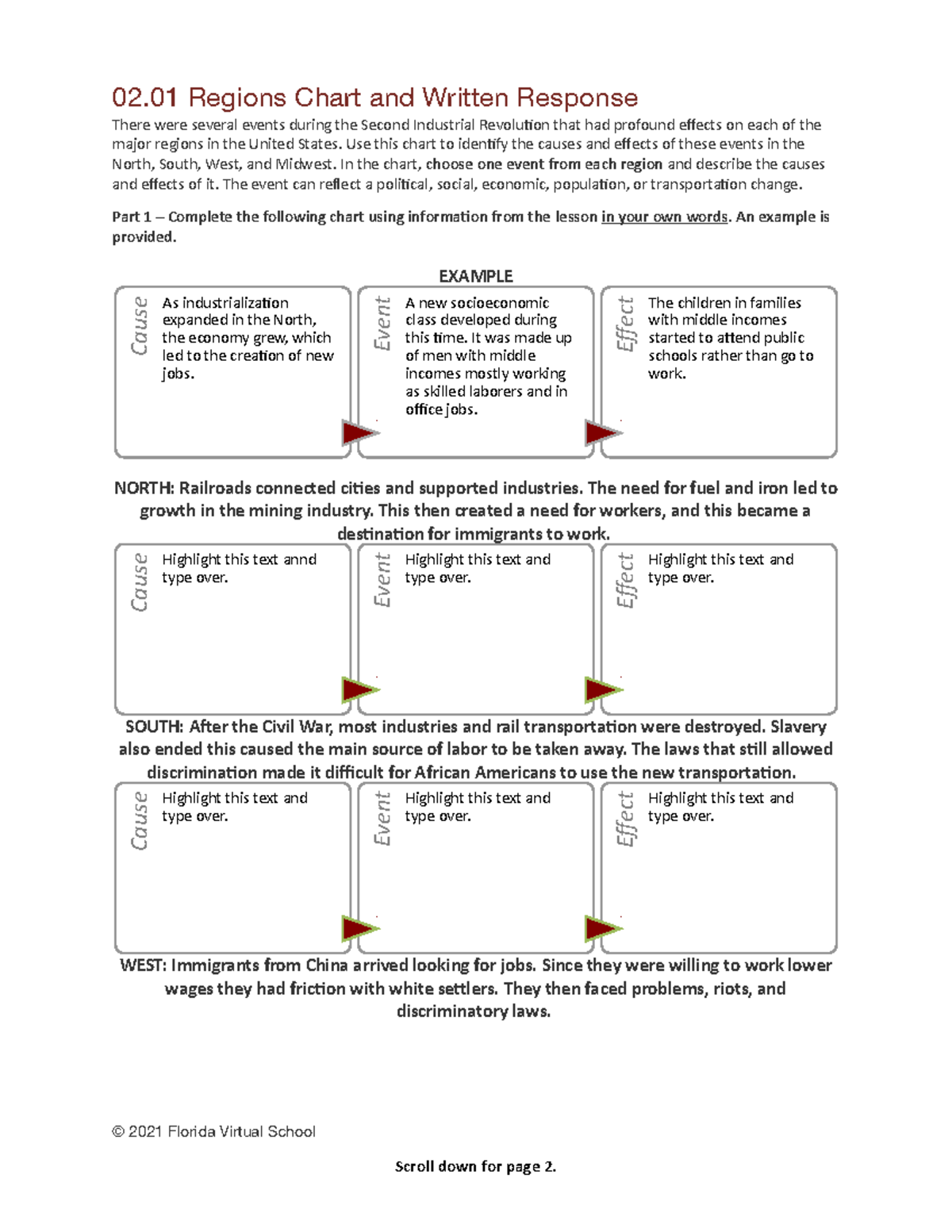 flvs us history 02 Regions Chart and Written Response There were