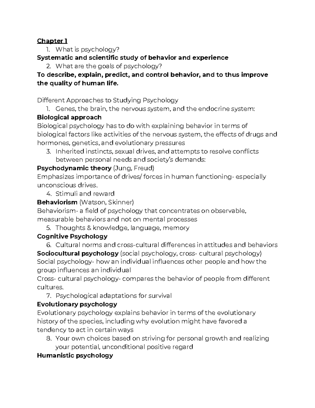 Psych Quiz 1 - Chapter 1 Notes - Chapter 1 1. What Is Psychology ...