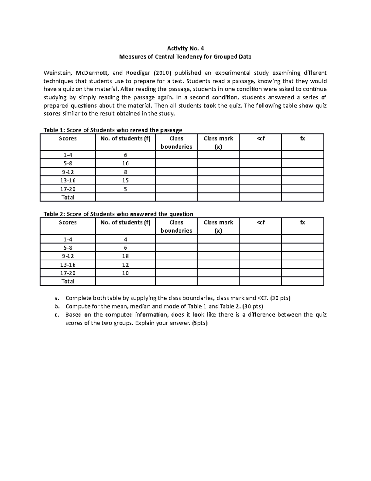 Activity No4 Measures of Central Tendency for Grouped Data - Activity ...