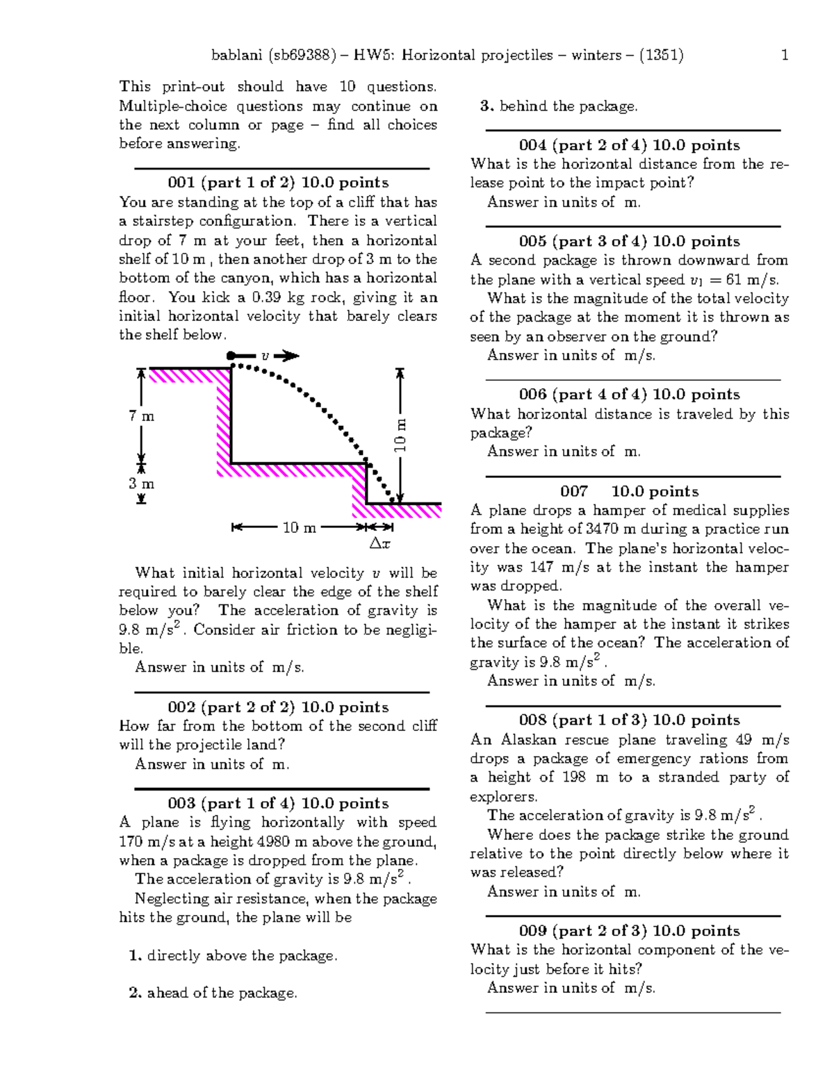HW5 Horizontal projectiles-problems - bablani (sb69388) – HW5 ...