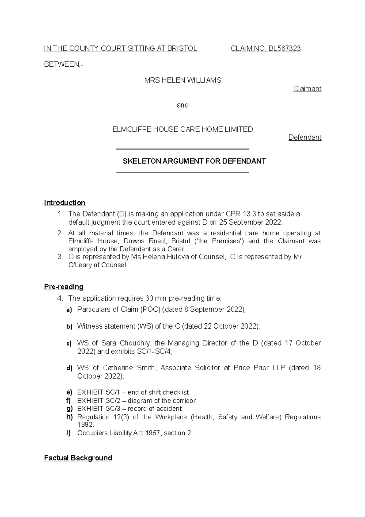 Formative Skeleton SET Aside Default Judgment - IN THE COUNTY COURT ...