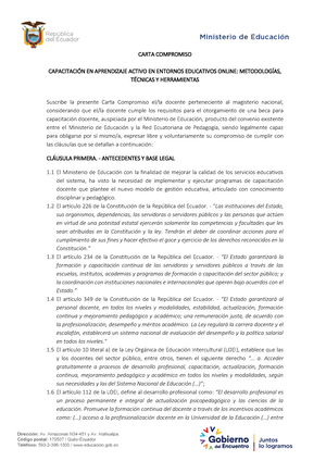 Carta compromiso 1er curso de capacitacion - Dirección: Av. Amazonas  N34-451 y Av. Atahualpa. Código - Studocu