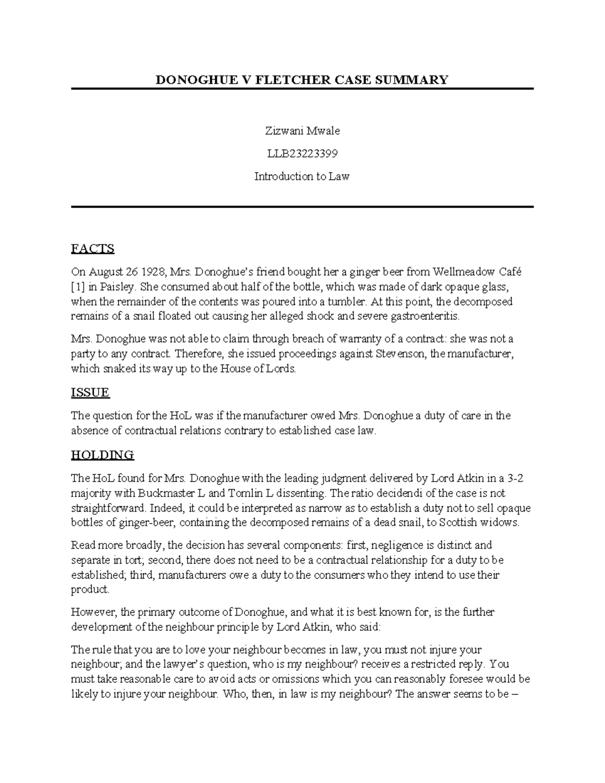 Donoghue V Fletcher - Case summary. - DONOGHUE V FLETCHER CASE SUMMARY ...